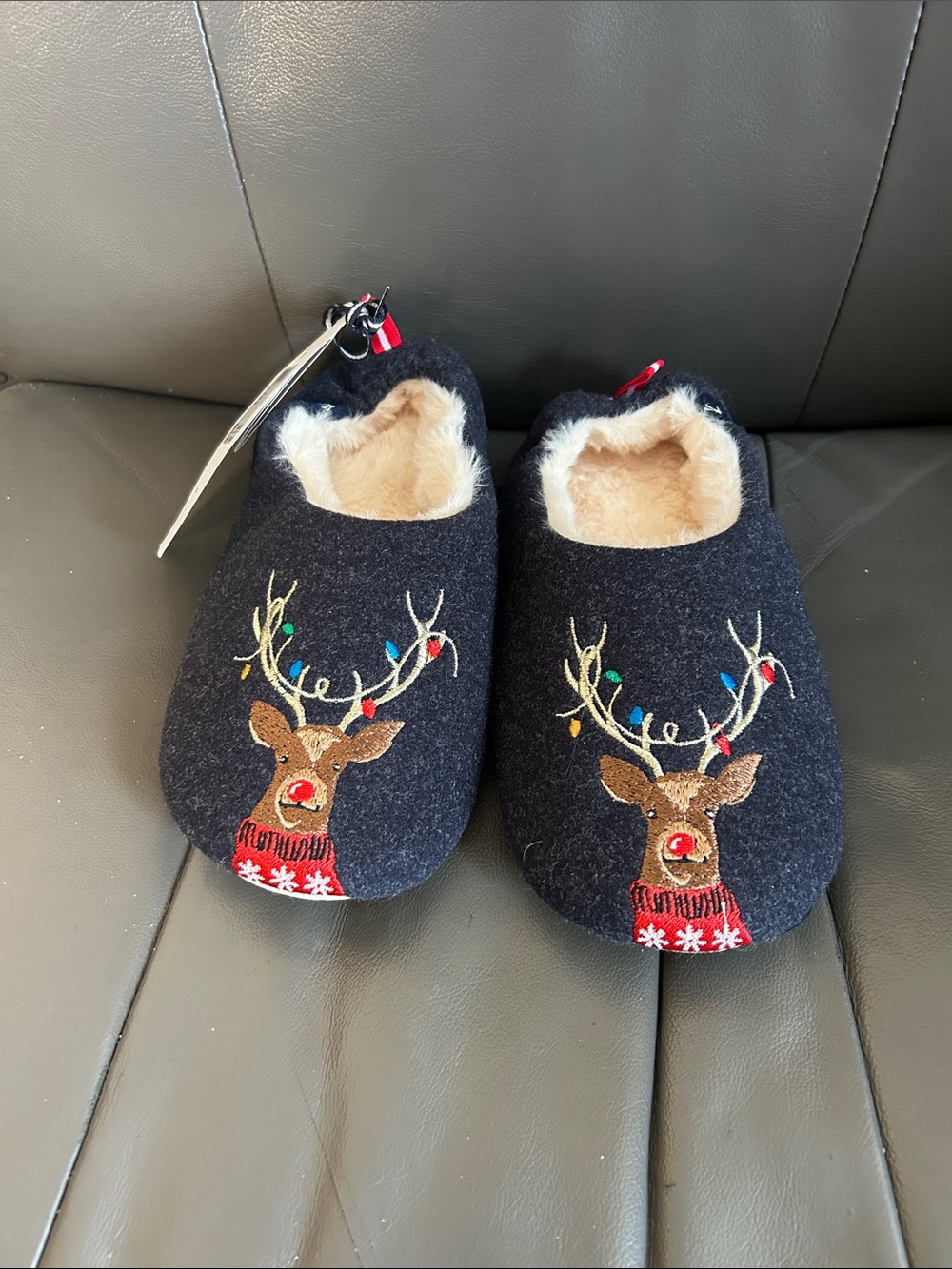 Joules Navy Kids Reindeer Slippers with Embroidered Lights